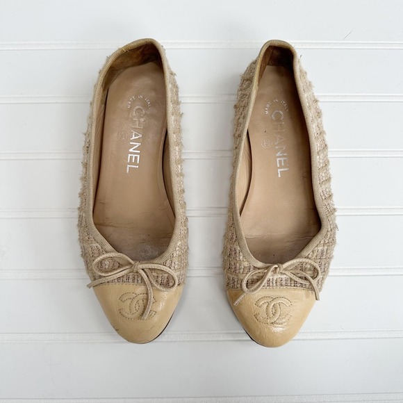 CHANEL Shoes - Chanel CC Cap Toe Ballet Flats Tan Nude Tweed Plaid